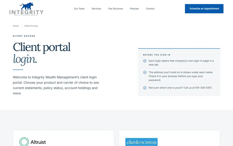 Client Access on your new site, first screen