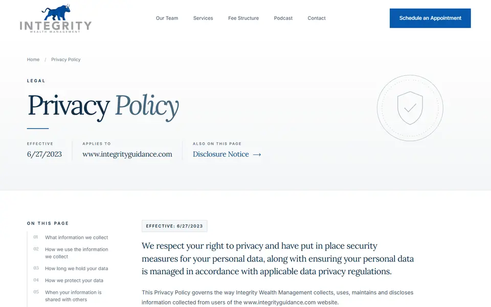 Privacy Policy on your new site, first screen