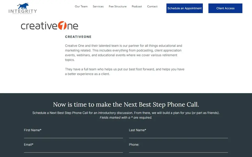 CreativeOne on your current site, first screen