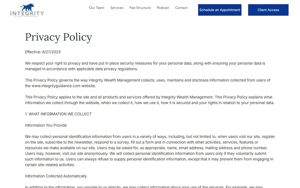 Privacy Policy on your current site, first screen