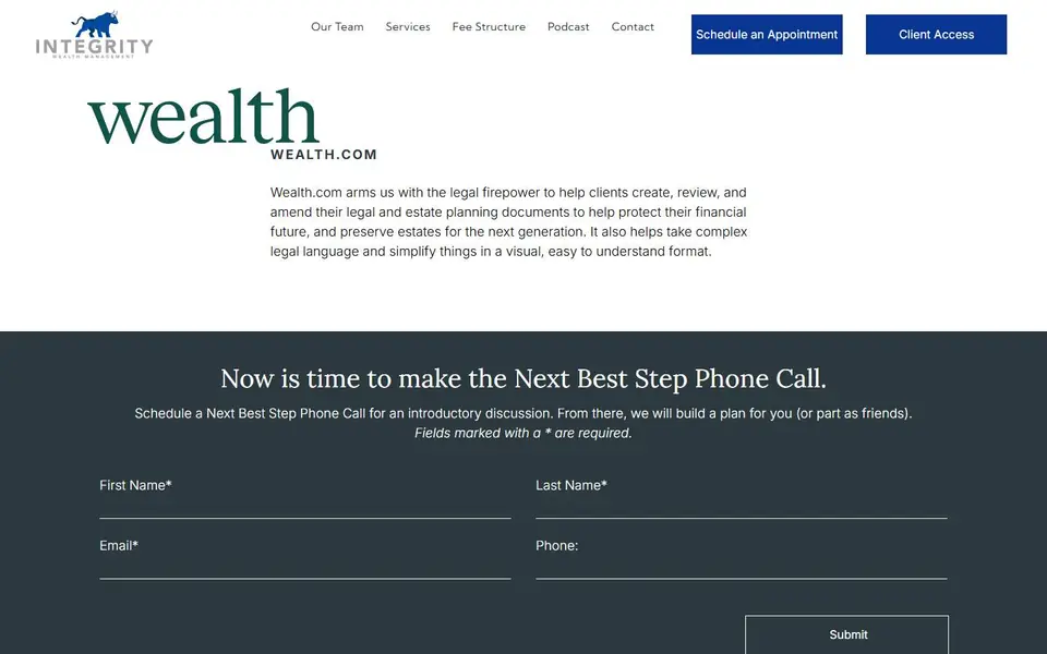 Wealth.com on your current site, first screen